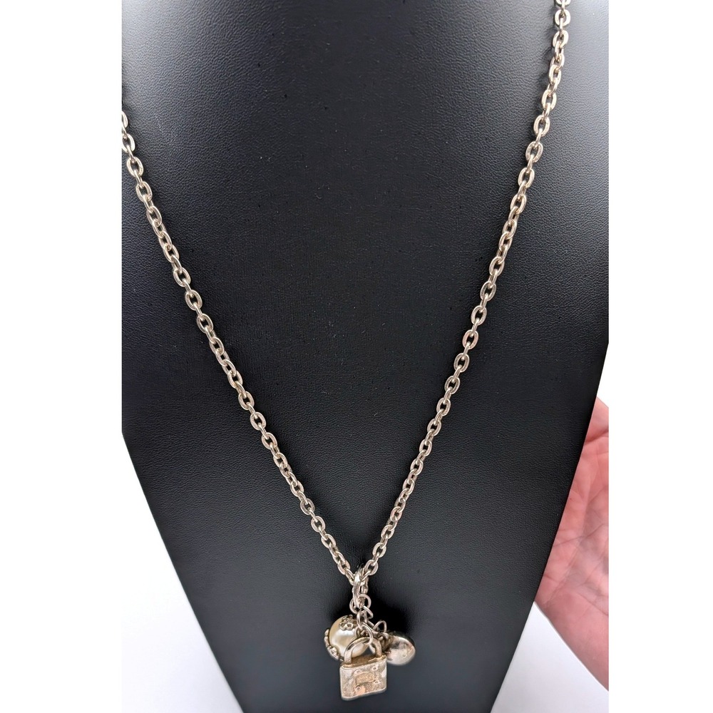Silver Tone Charm Necklace Faux Pearl Heart Lock Pendant 18 Inch Chain